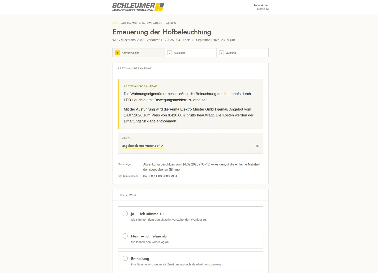 Abstimmungsportal, Schritt 1 von 3: Abstimmungsantrag im Wortlaut mit angehängtem Angebot, Grundlage und eigenen Stimmanteilen, darunter die Auswahl Ja, Nein oder Enthaltung