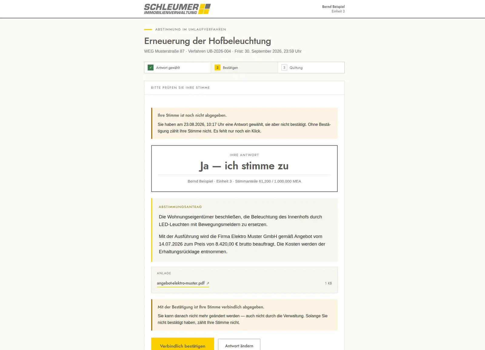 Abstimmungsportal, Schritt 2 von 3: gewählte Antwort groß dargestellt, darunter der vollständige Beschlusstext und der Hinweis auf die Verbindlichkeit der Bestätigung