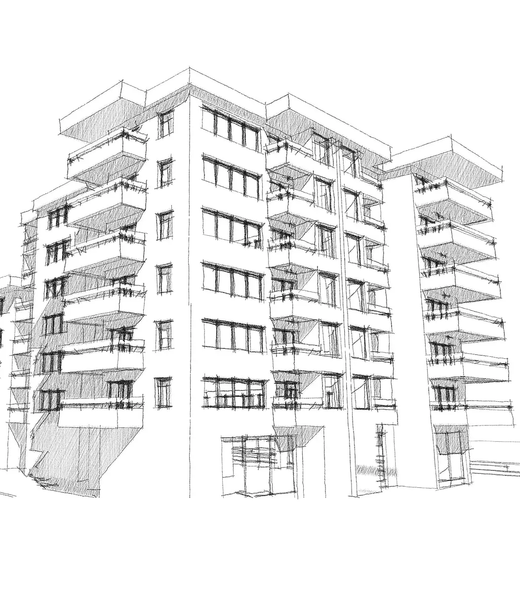 Architekturzeichnung eines Mehrfamilienhauses